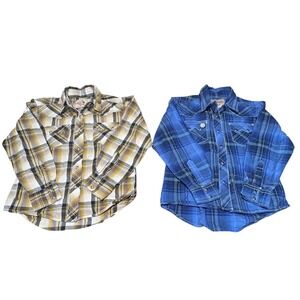 Wrangler Shirt Lot Boys M Western Pearl Snap Plaid Blue Yellow Cotton 2pc Cowboy